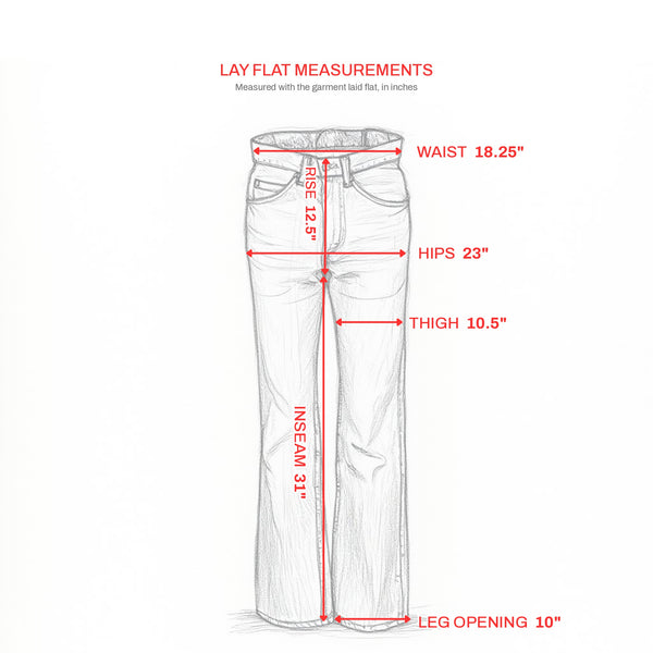 Lay flat measurements: waist 18.25", rise 12.5", hips 23", thigh 10.5", inseam 31", leg opening 10"