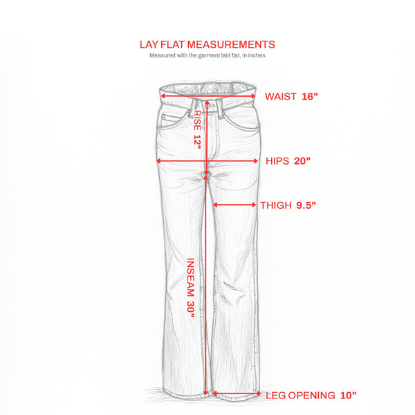 Lay flat measurements: waist 16", rise 12", hips 20", thigh 9.5", inseam 30", leg opening 10"