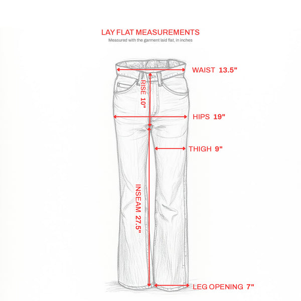 Lay flat measurements: waist 13.5", rise 10", hips 19", thigh 9", inseam 27.5", leg opening 7"