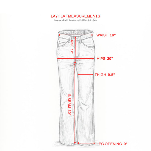 Lay flat measurements: waist 16", rise 12", hips 20", thigh 9.5", inseam 30", leg opening 9"