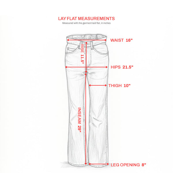 Lay flat measurements: waist 16", rise 11.5", hips 21.5", thigh 10", inseam 29", leg opening 8"