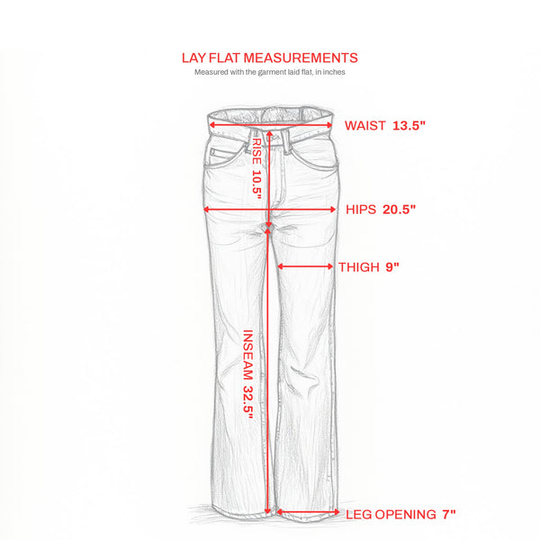 Lay flat measurements: waist 13.5", rise 10.5", hips 20.5", thigh 9", inseam 32.5", leg opening 7"