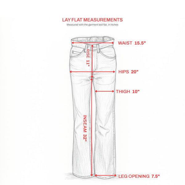 Lay flat measurements: waist 15.5", rise 11", hips 20", thigh 10", inseam 32", leg opening 7.5"