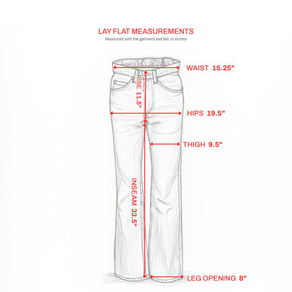 Lay flat measurements: waist 15.25", rise 11.5", hips 19.5", thigh 9.5", inseam 33.5", leg opening 8"
