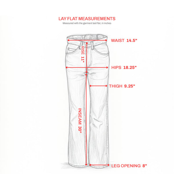 Lay flat measurements: waist 14.5", rise 11", hips 18.25", thigh 9.25", inseam 30", leg opening 8"