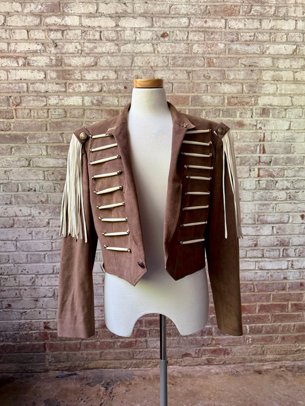 Brown Ultra Suede Jacket with Bone & Fringe Details