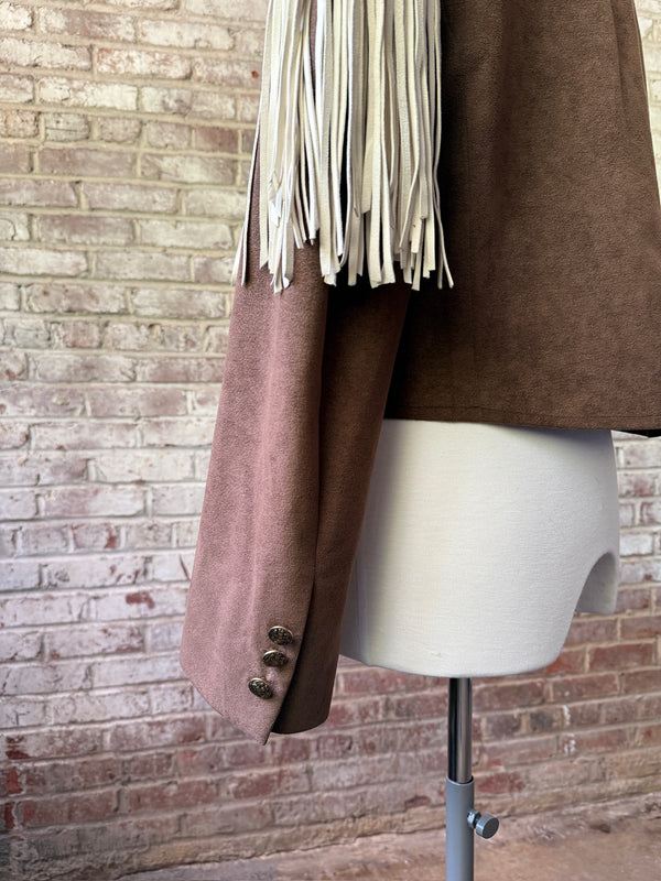 Brown Ultra Suede Jacket with Bone & Fringe Details